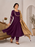 Wine Purple Roman Silk Anarkali Kurta Palazzo Set with Beige Dupatta