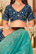 Turquoise Blue Fandy Silk Saree with Embroidered Navy Blue Blouse