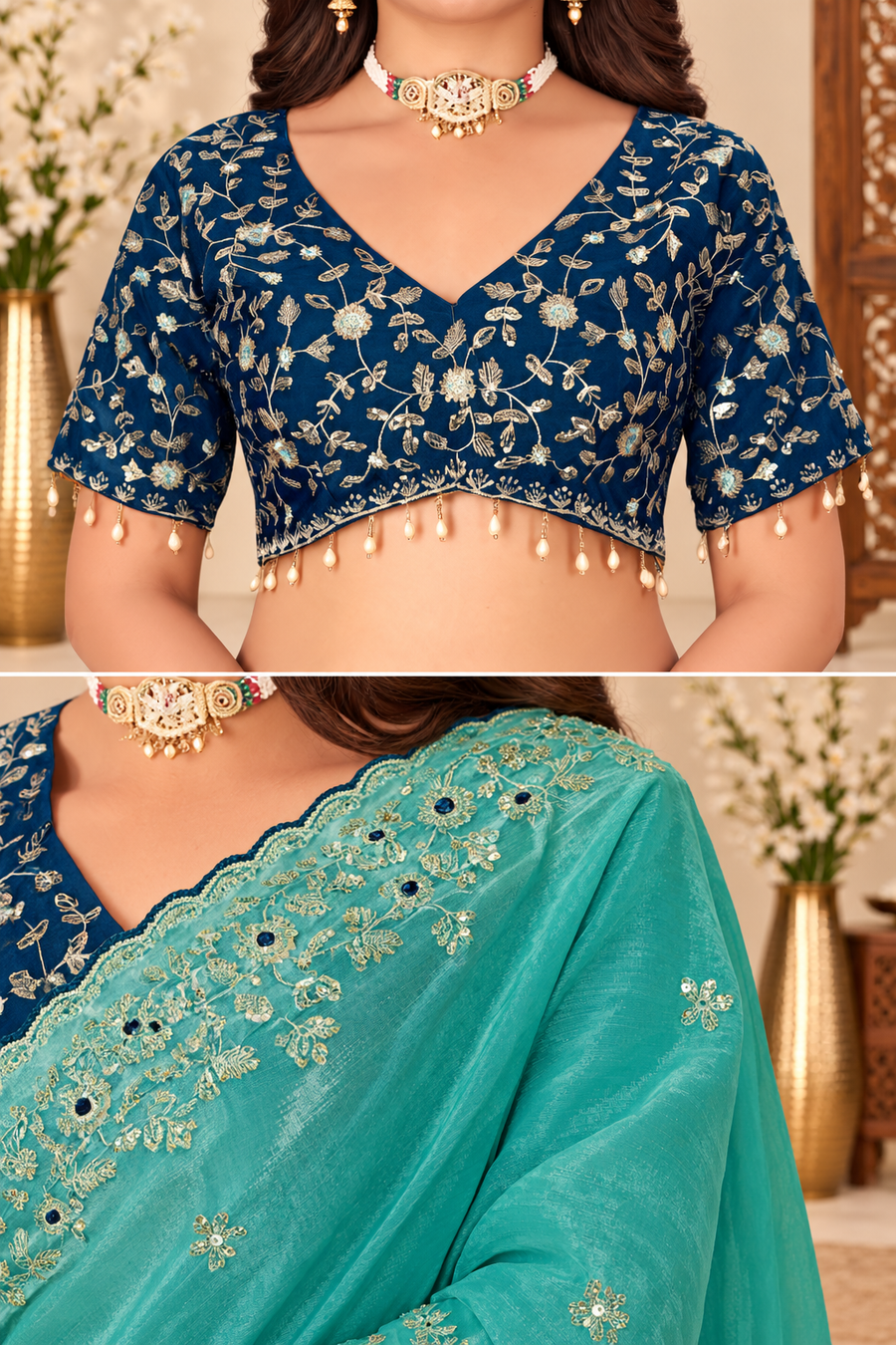 Turquoise Blue Fandy Silk Saree with Embroidered Navy Blue Blouse