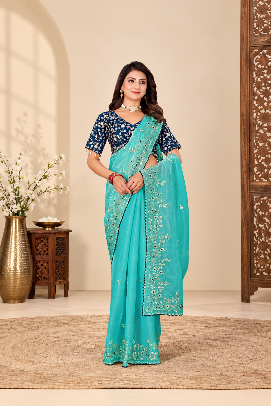 Turquoise Blue Fandy Silk Saree with Embroidered Navy Blue Blouse
