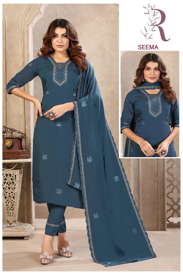 Seema Steel Blue Embroidered Kurta Set