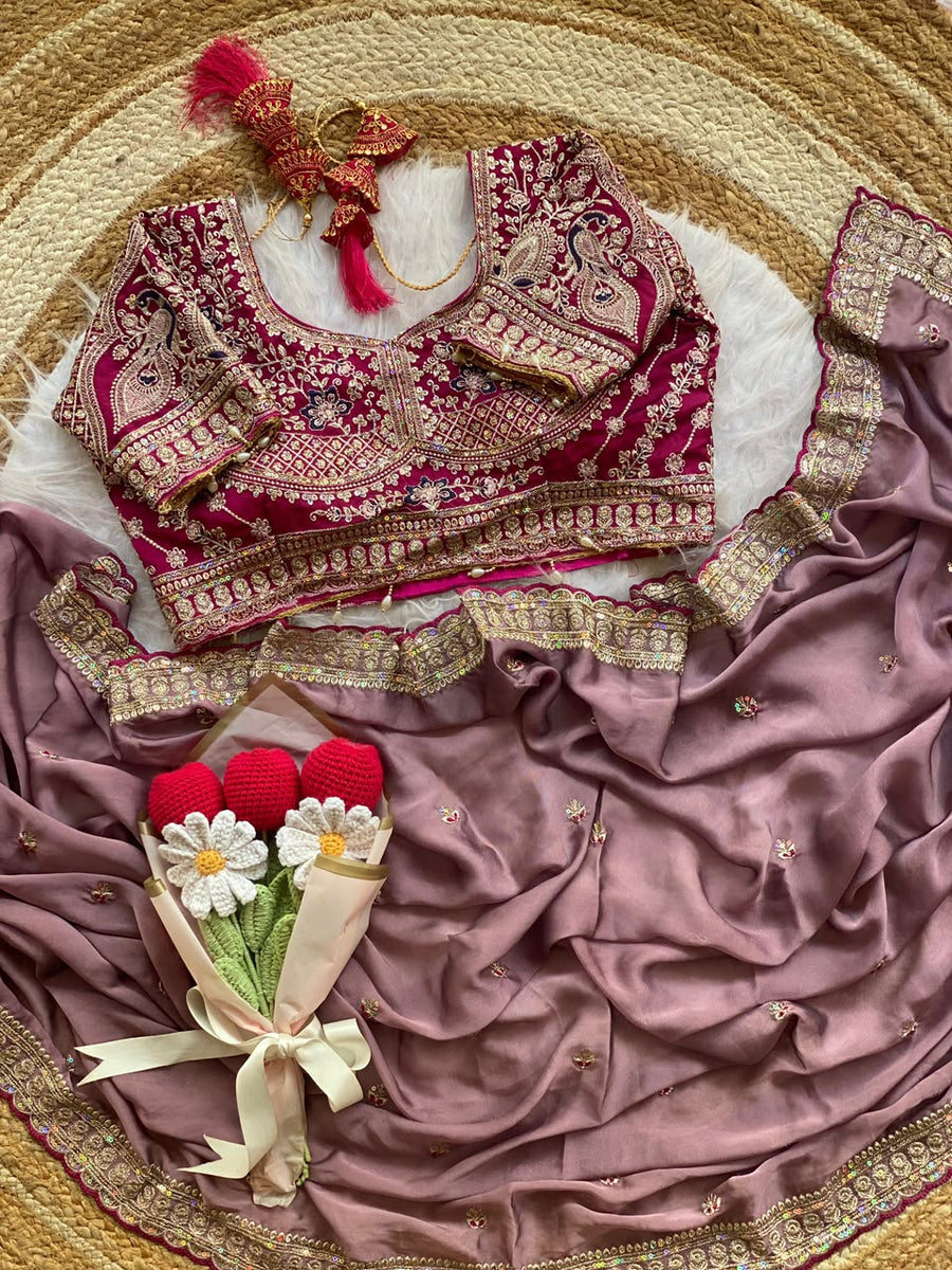 Dusty Mauve Rangoli Silk Saree with Embroidered Blouse
