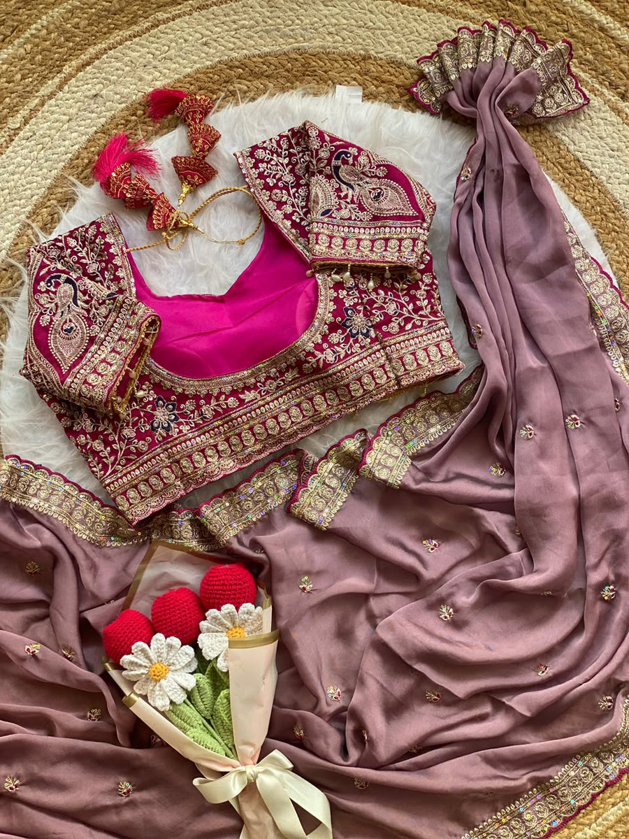 Dusty Mauve Rangoli Silk Saree with Embroidered Blouse