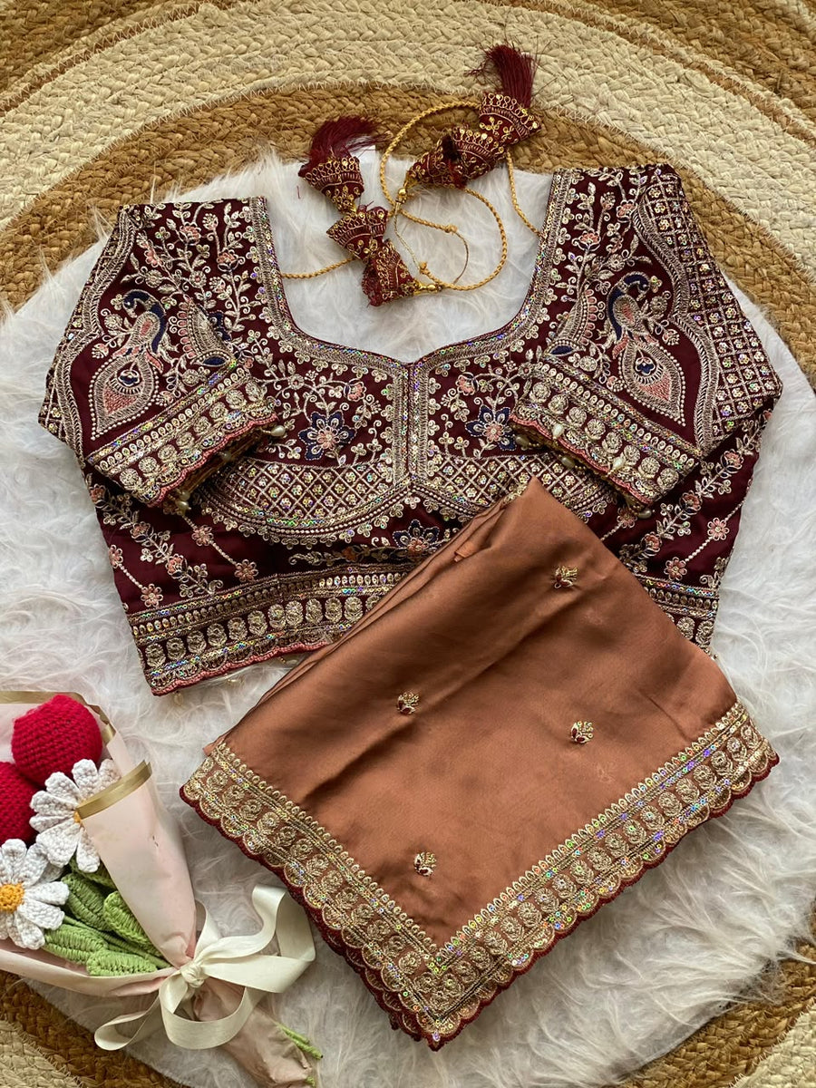Caramel Brown Rangoli Silk Saree with Wine Embroidered Blouse