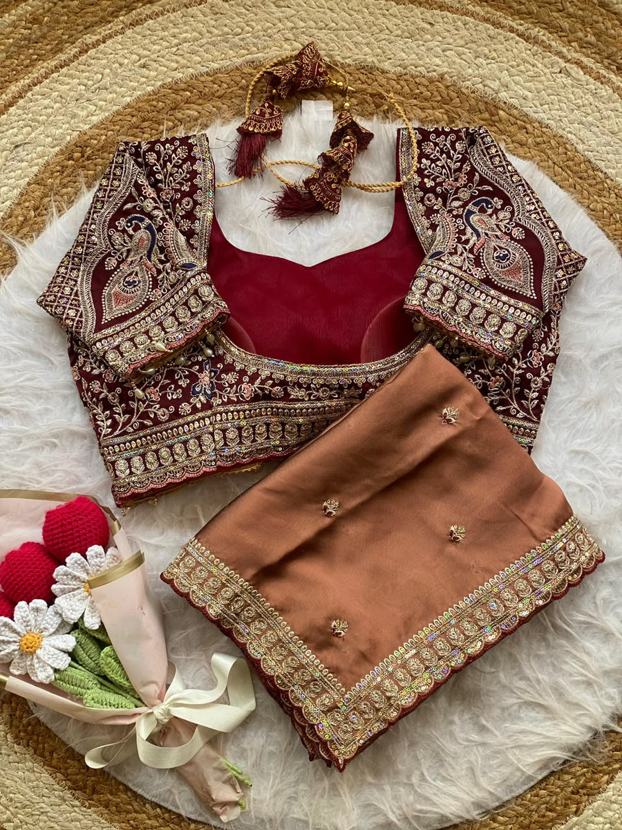 Caramel Brown Rangoli Silk Saree with Wine Embroidered Blouse