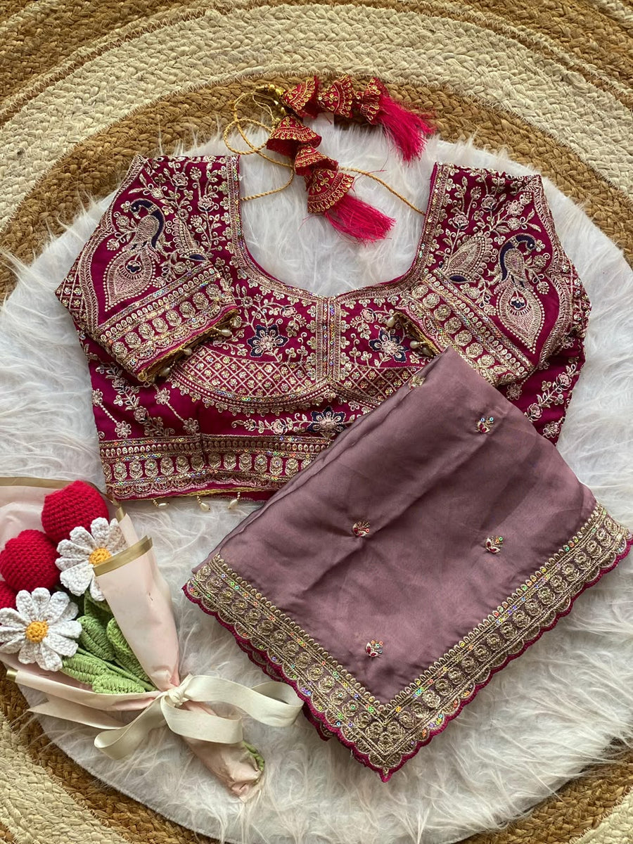 Dusty Mauve Rangoli Silk Saree with Embroidered Blouse