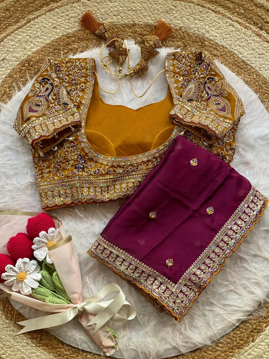 Rani Pink Rangoli Silk Saree with Mustard Gold Embroidered Blouse
