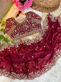 Royal Maroon Fendy Satin Embroidered Saree with Fully Stitched Heavy Sequin Work Blouse