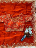 Burnt Orange Fendy Satin Embroidered Saree with Fully Stitched Heavy Sequin Work Blouse