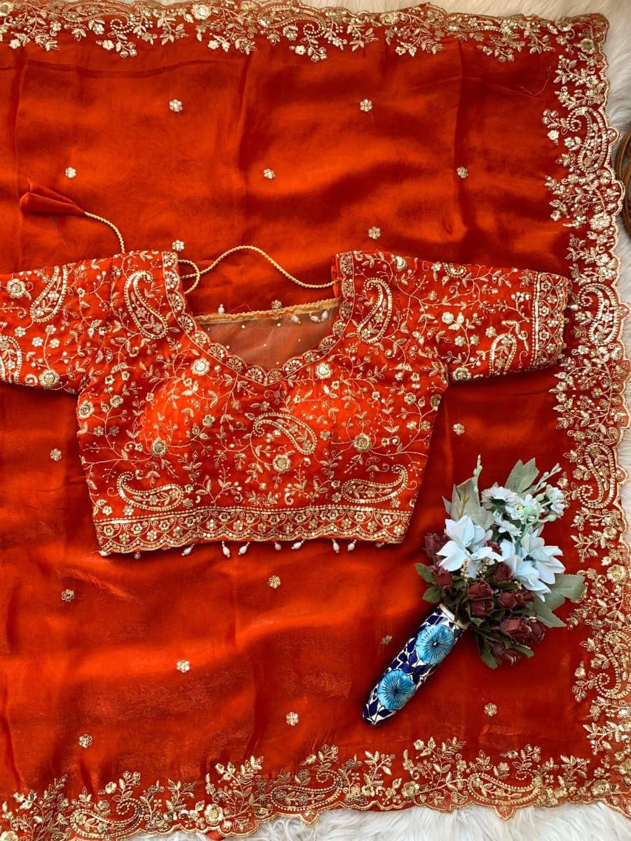 Burnt Orange Fendy Satin Embroidered Saree with Fully Stitched Heavy Sequin Work Blouse