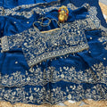 Teal Blue Fendy Satin Embroidered Saree with Stitched Sequin Blouse