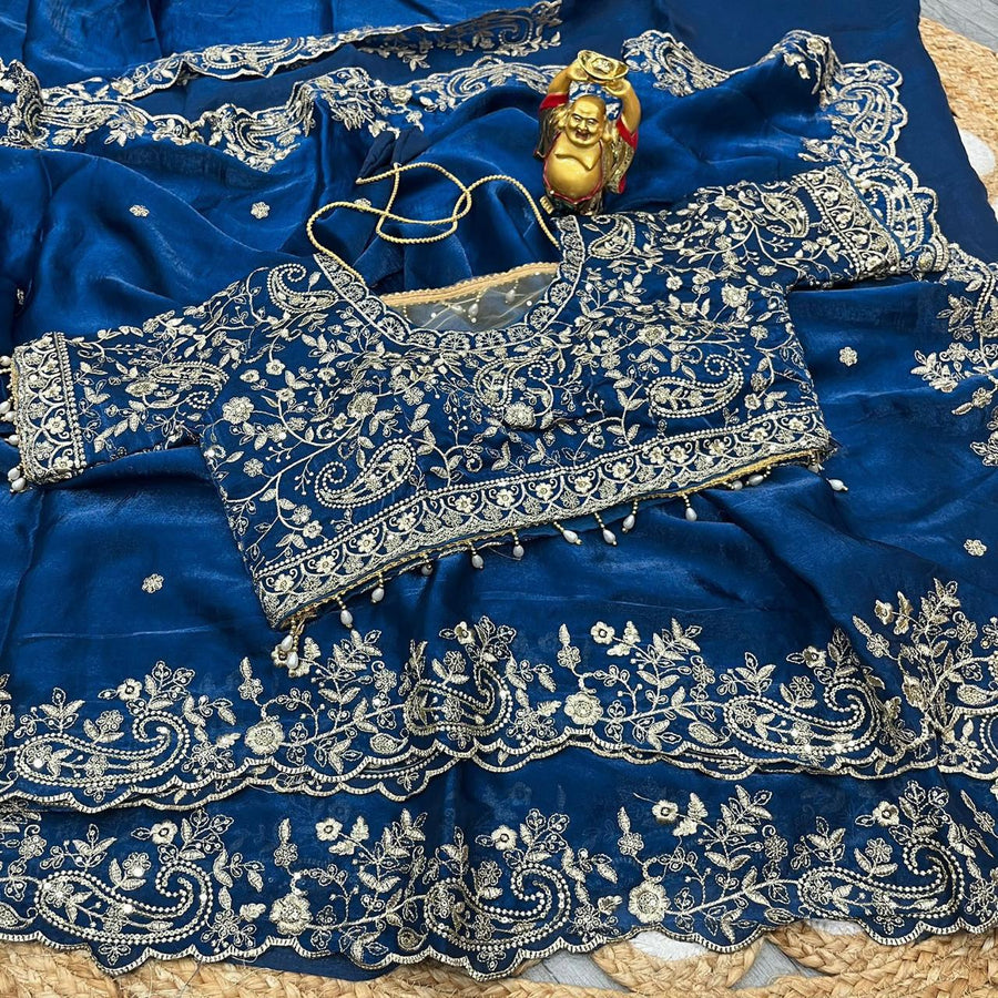 Teal Blue Fendy Satin Embroidered Saree with Stitched Sequin Blouse