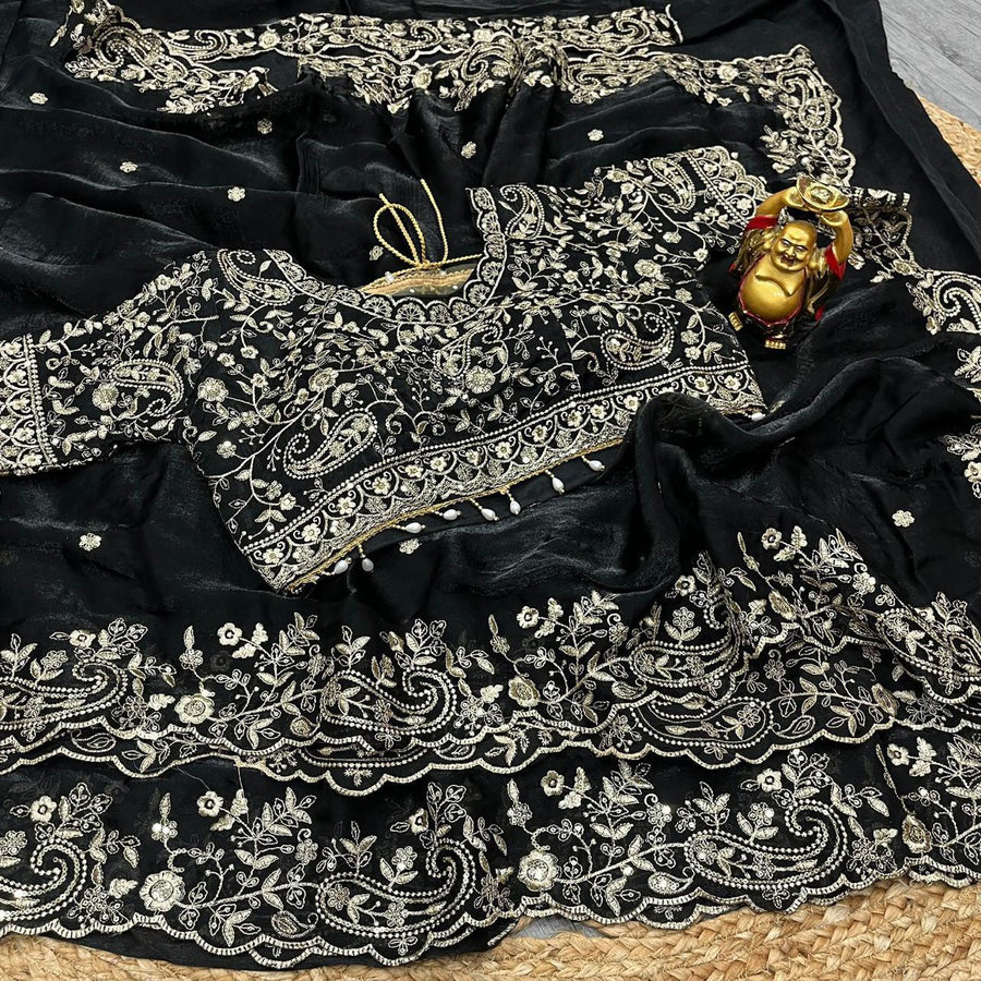 Black Fendy Satin Embroidered Saree with Fully Stitched Heavy Sequin Work Blouse