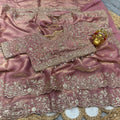 Peach Pink Fendy Satin Embroidered Saree with Fully Stitched Heavy Sequin Work Blouse