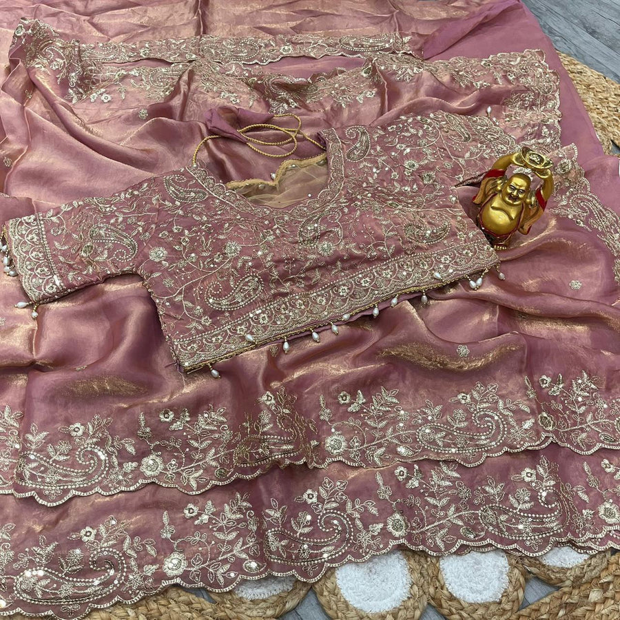Peach Pink Fendy Satin Embroidered Saree with Fully Stitched Heavy Sequin Work Blouse