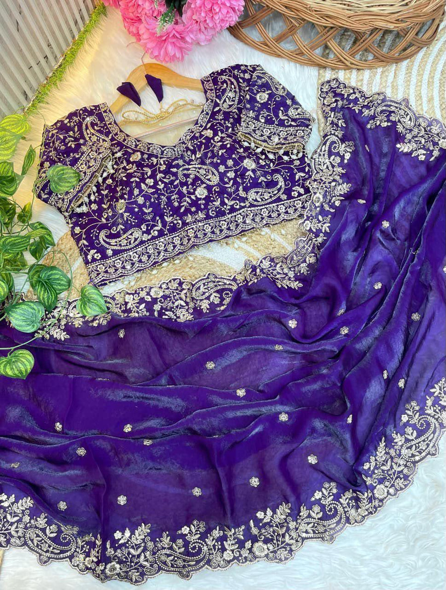 Purple Fendy Satin Embroidered Saree with Fully Stitched Heavy Sequin Work Blouse