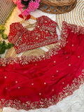 Cherry Red Fendy Satin Embroidered Saree with Fully Stitched Heavy Sequin Work Blouse