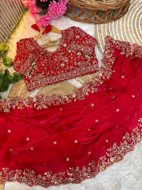Cherry Red Fendy Satin Embroidered Saree with Fully Stitched Heavy Sequin Work Blouse