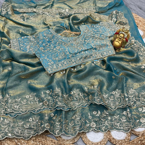 Dusty Aqua Blue Fendy Satin Embroidered Saree with Fully Stitched Heavy Sequin Work