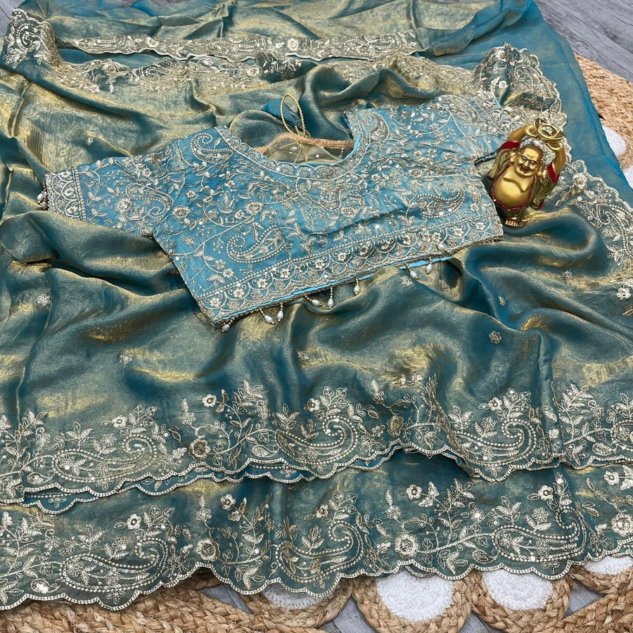 Dusty Aqua Blue Fendy Satin Embroidered Saree with Fully Stitched Heavy Sequin Work