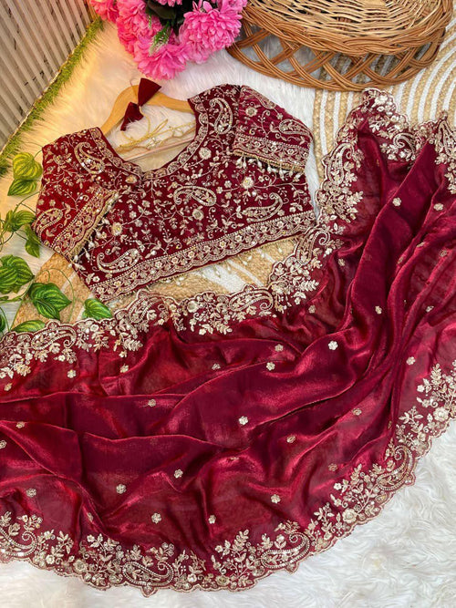 Deep Burgundy Fendy Satin Embroidered Saree with Fully Stitched Heavy Sequin Work