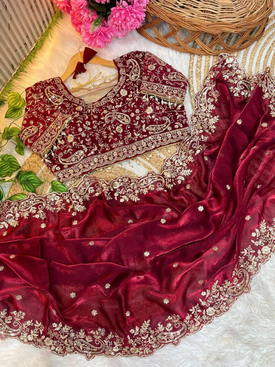 Deep Burgundy Fendy Satin Embroidered Saree with Fully Stitched Heavy Sequin Work