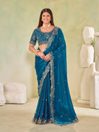 Teal Blue Fendy Satin Embroidered Saree with Stitched Sequin Blouse