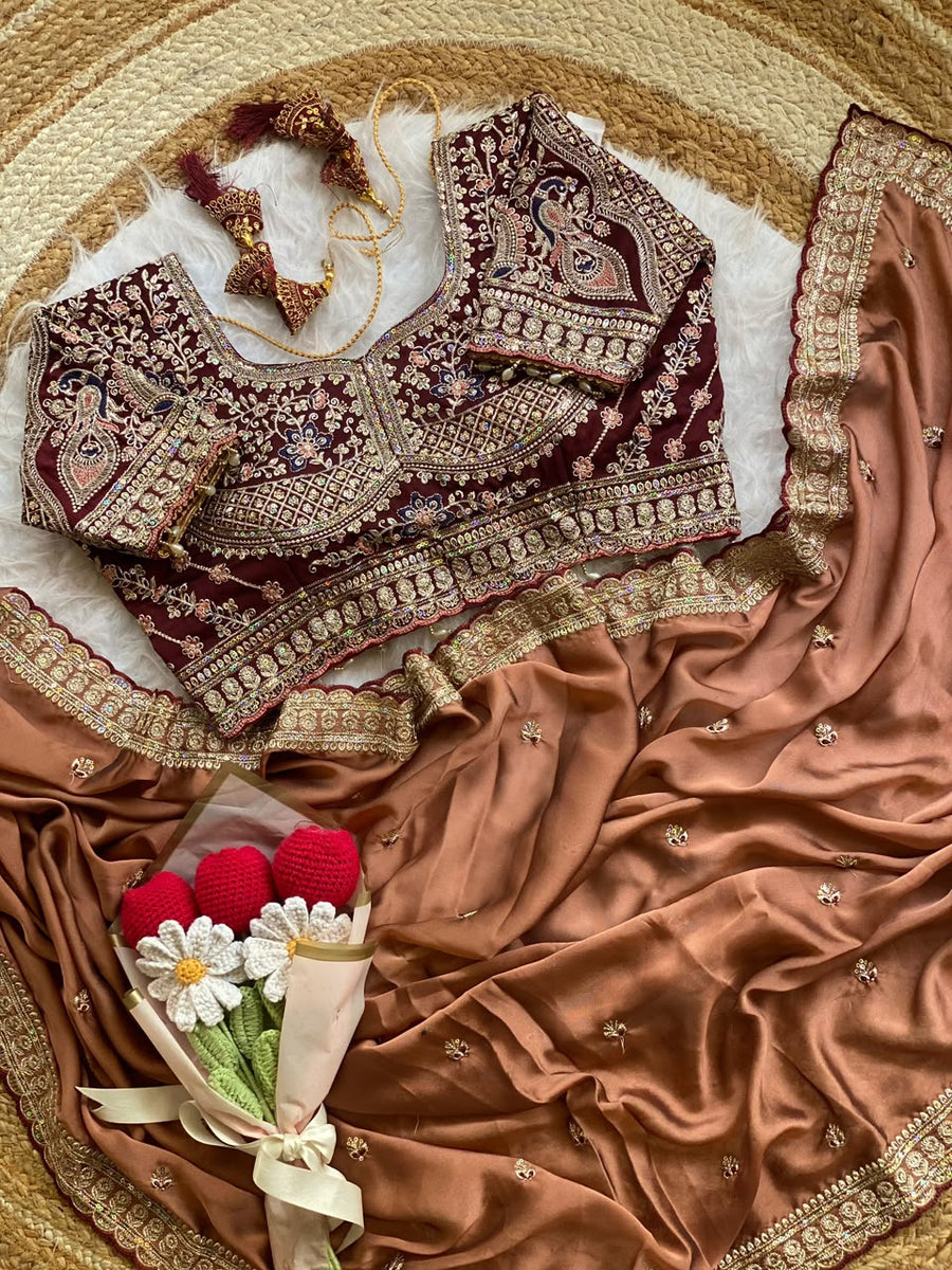 Caramel Brown Rangoli Silk Saree with Wine Embroidered Blouse