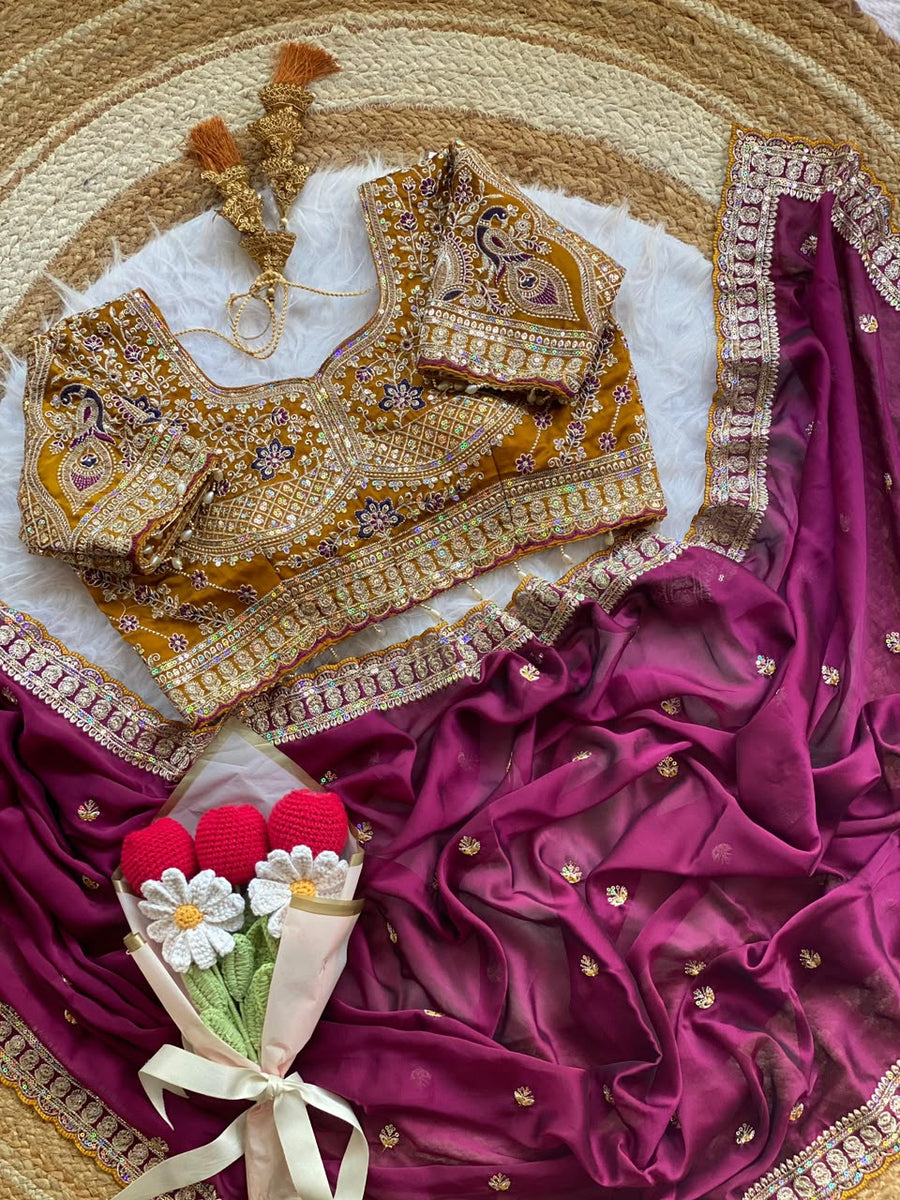 Rani Pink Rangoli Silk Saree with Mustard Gold Embroidered Blouse
