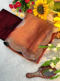 Copper Orange Swarovski Work Satin Silk Saree with Maroon Velvet Blouse