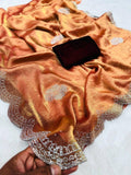 Copper Orange Swarovski Work Satin Silk Saree with Maroon Velvet Blouse