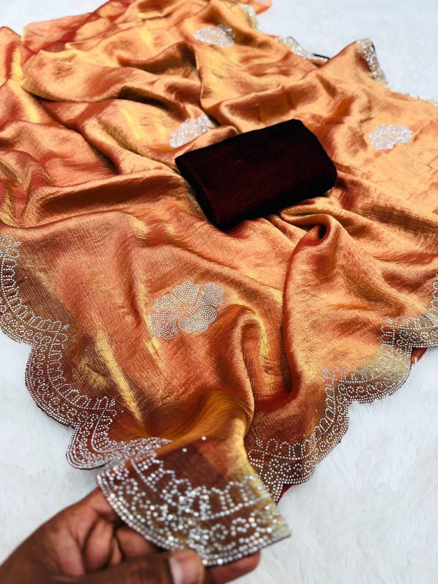 Copper Orange Swarovski Work Satin Silk Saree with Maroon Velvet Blouse