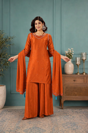 Rust Orange Gaji Silk Palazzo Suit Set
